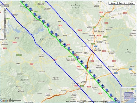 Zona de visibilitat calculada del trànsit de la ISS pel sol de 13/01/2013